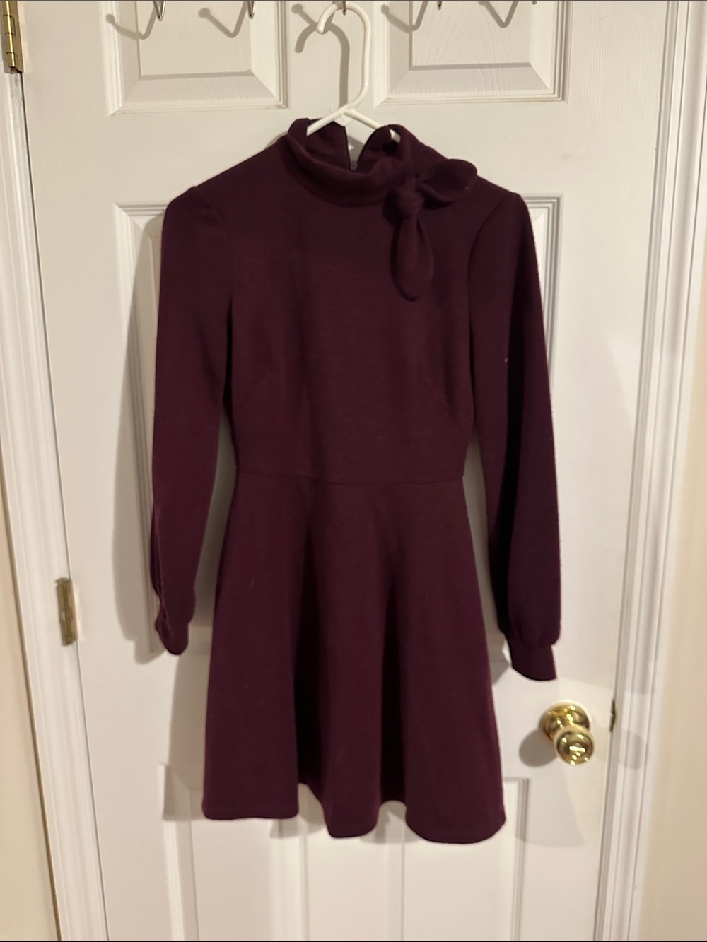 GMG Women's Long Sleeve Bow Neck Fit-and-Flare Dress - Plum
